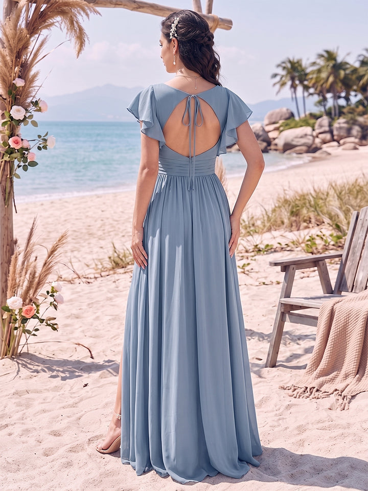 A-Line/Princess V-Neck Sleeveless Floor-Length Bridesmaid Dresses With Split Side &amp; Ruffles