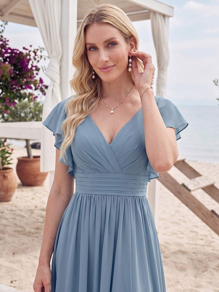 A-Line/Princess V-Neck Sleeveless Floor-Length Bridesmaid Dresses With Split Side &amp; Ruffles