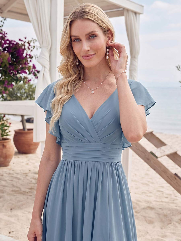 A-Line/Princess V-Neck Sleeveless Floor-Length Bridesmaid Dresses With Split Side &amp; Ruffles