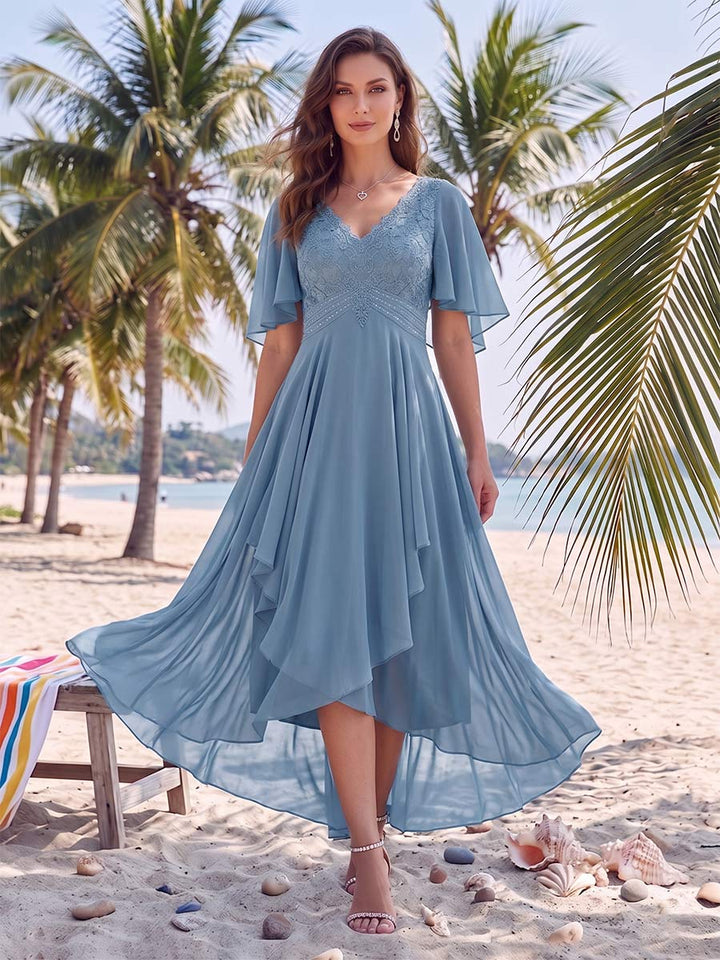 A-Line/Princess V-Neck Half Sleeves Asymmetrical Mother of the Bride Dresses With Ruffles