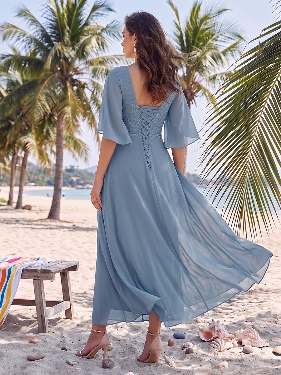 A-Line/Princess V-Neck Half Sleeves Asymmetrical Mother of the Bride Dresses With Ruffles