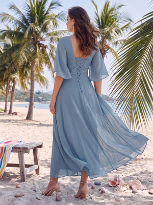A-Line/Princess V-Neck Half Sleeves Asymmetrical Mother of the Bride Dresses With Ruffles