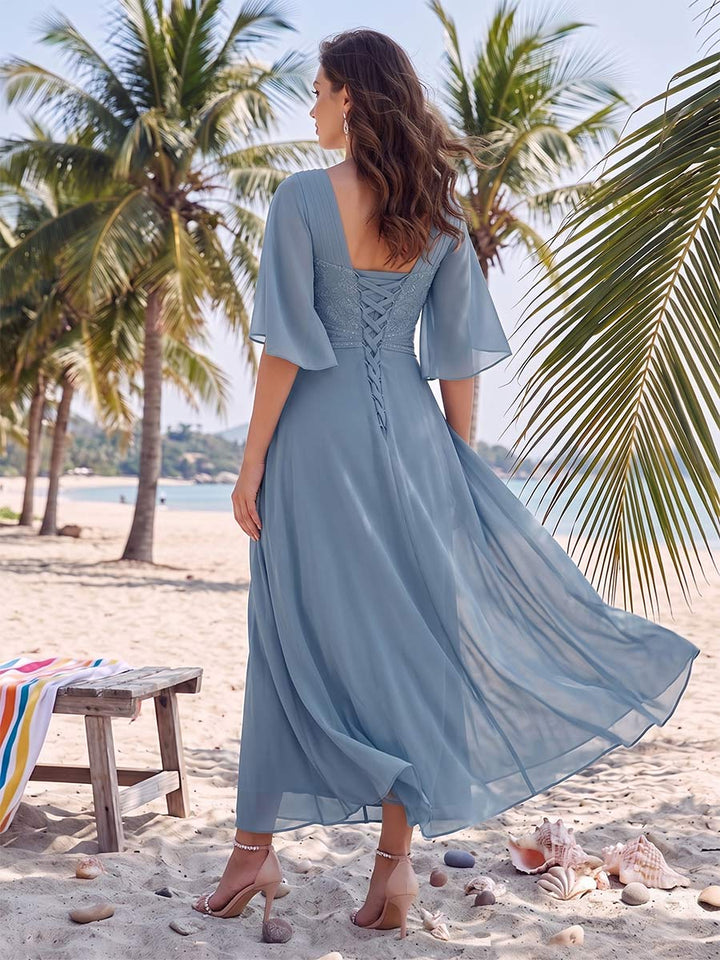 A-Line/Princess V-Neck Half Sleeves Asymmetrical Mother of the Bride Dresses With Ruffles