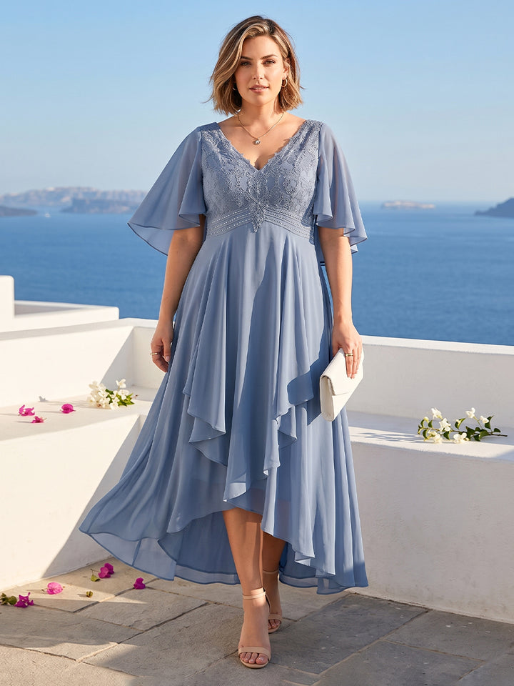 A-Line/Princess V-Neck Asymmetrical Plus Size Mother of the Bride Dresses With Ruffles