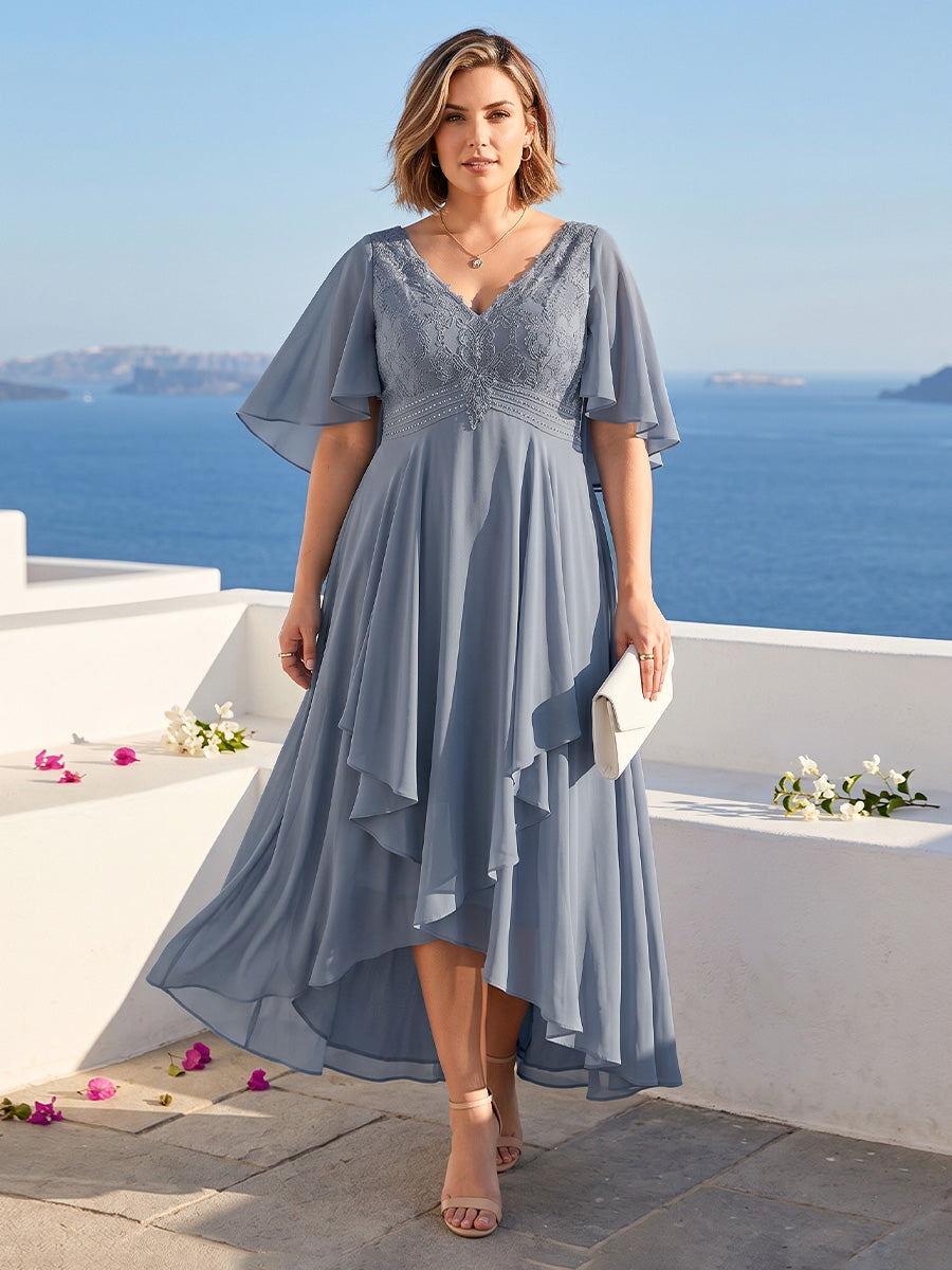 A-Line/Princess V-Neck Asymmetrical Plus Size Mother of the Bride Dresses With Ruffles