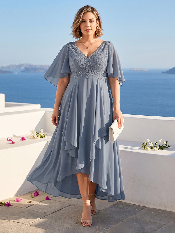A-Line/Princess V-Neck Asymmetrical Plus Size Mother of the Bride Dresses With Ruffles