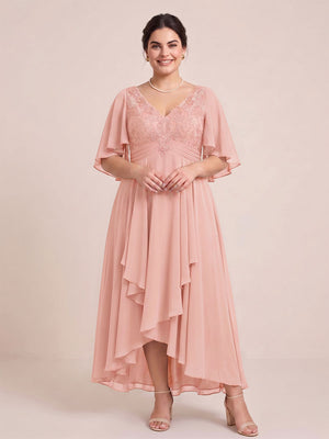 A-Line/Princess V-Neck Asymmetrical Plus Size Mother of the Bride Dresses With Ruffles