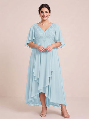 A-Line/Princess V-Neck Asymmetrical Plus Size Mother of the Bride Dresses With Ruffles