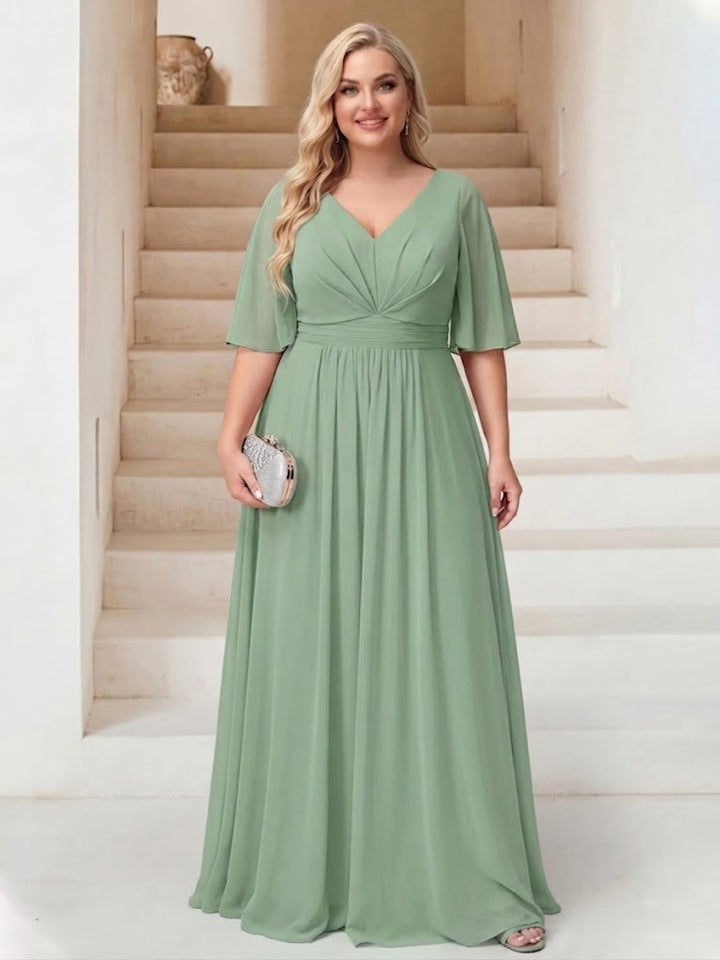 A-Line/Princess V-Neck Floor-Length Backless Plus Size Bridesmaid Dresses