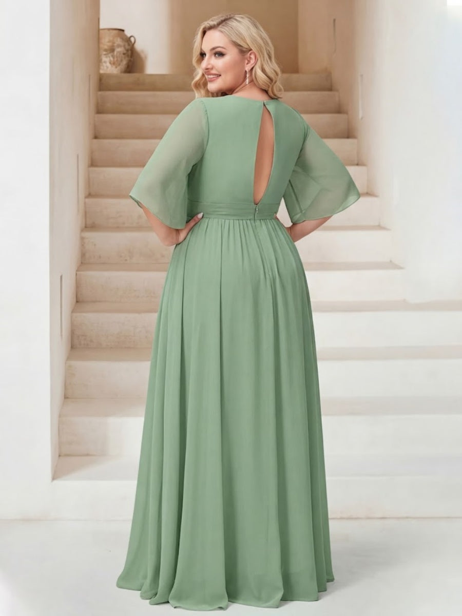 A-Line/Princess V-Neck Floor-Length Backless Plus Size Bridesmaid Dresses