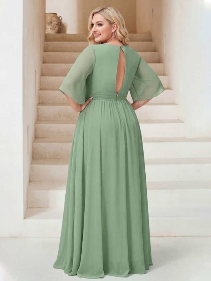 A-Line/Princess V-Neck Floor-Length Backless Plus Size Bridesmaid Dresses