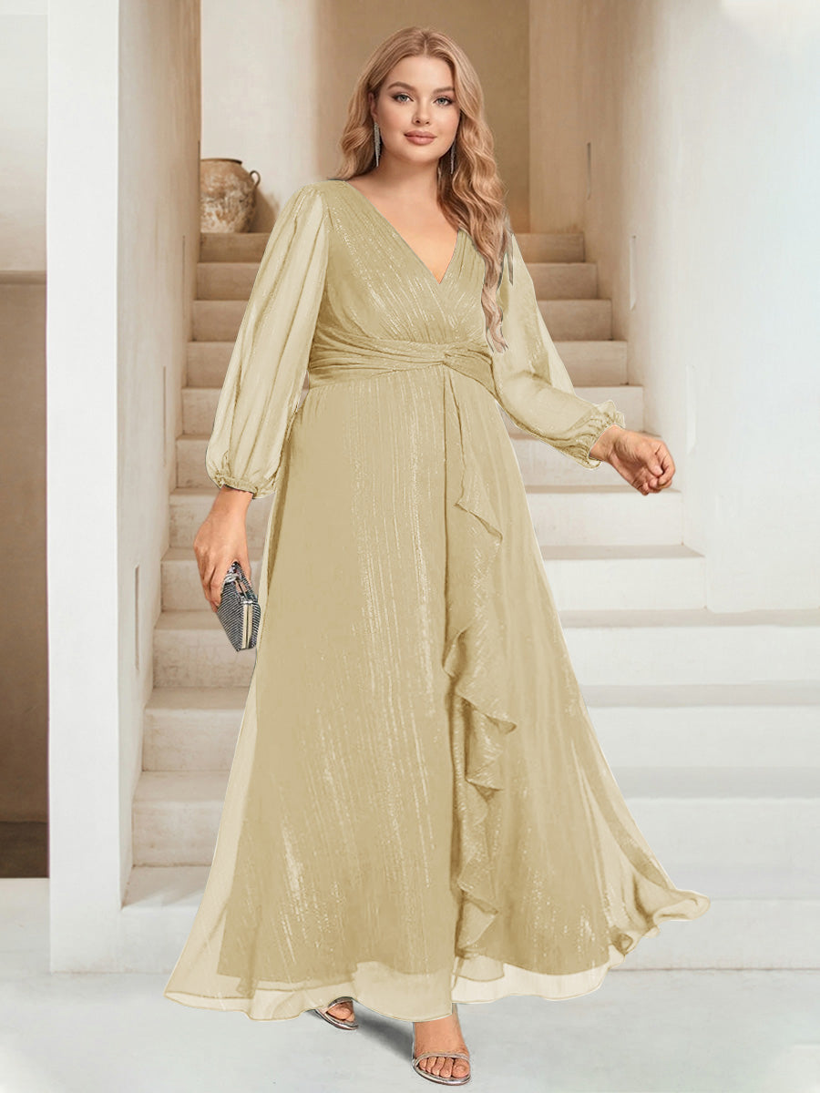 A-Line/Princess V-Neck Ankle-Length Long Sleeves Plus Size Bridesmaid Dresses