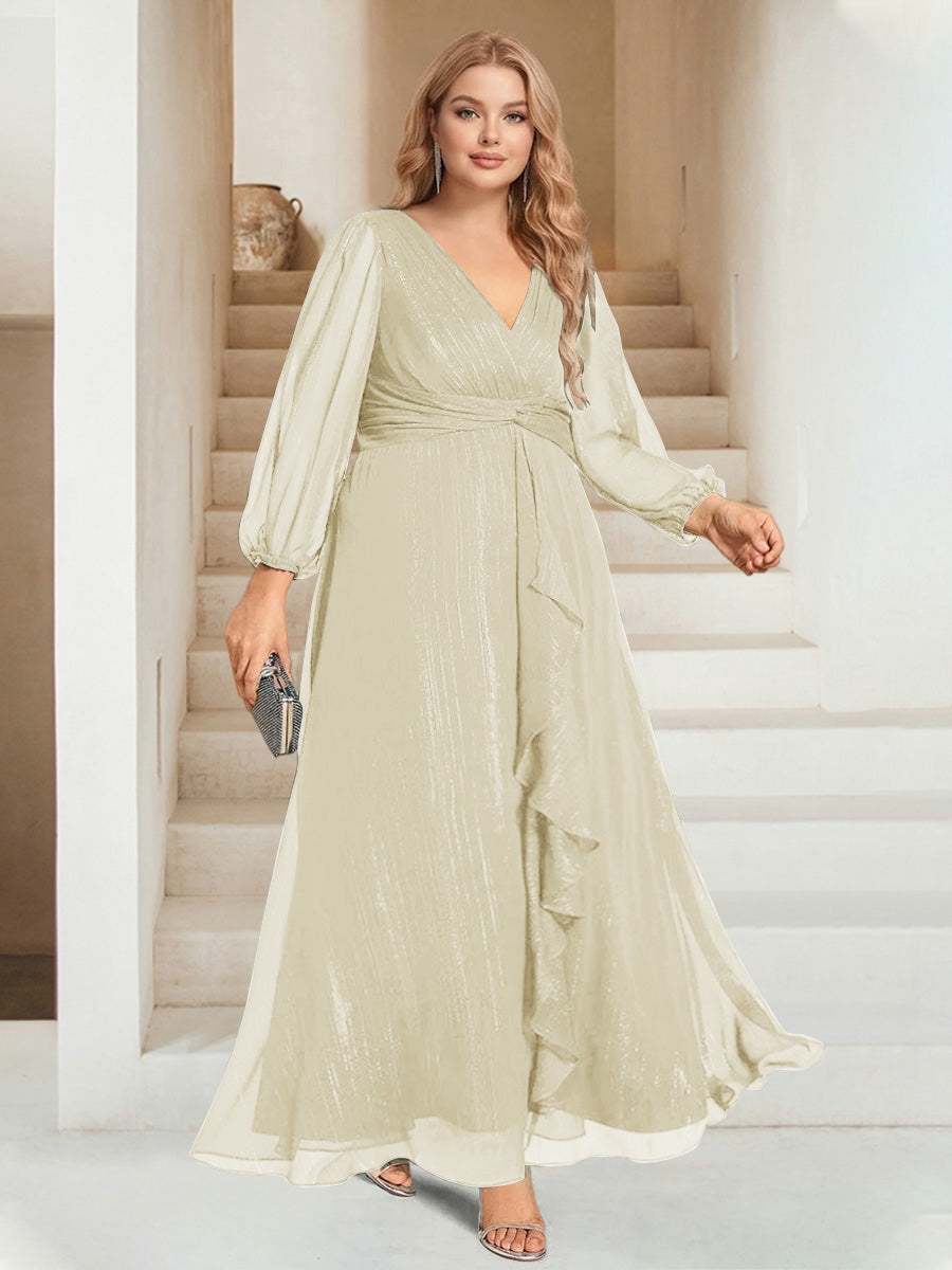 A-Line/Princess V-Neck Ankle-Length Long Sleeves Plus Size Bridesmaid Dresses
