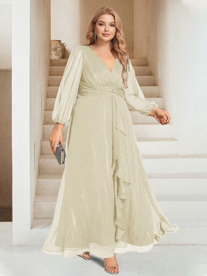 A-Line/Princess V-Neck Ankle-Length Long Sleeves Plus Size Bridesmaid Dresses