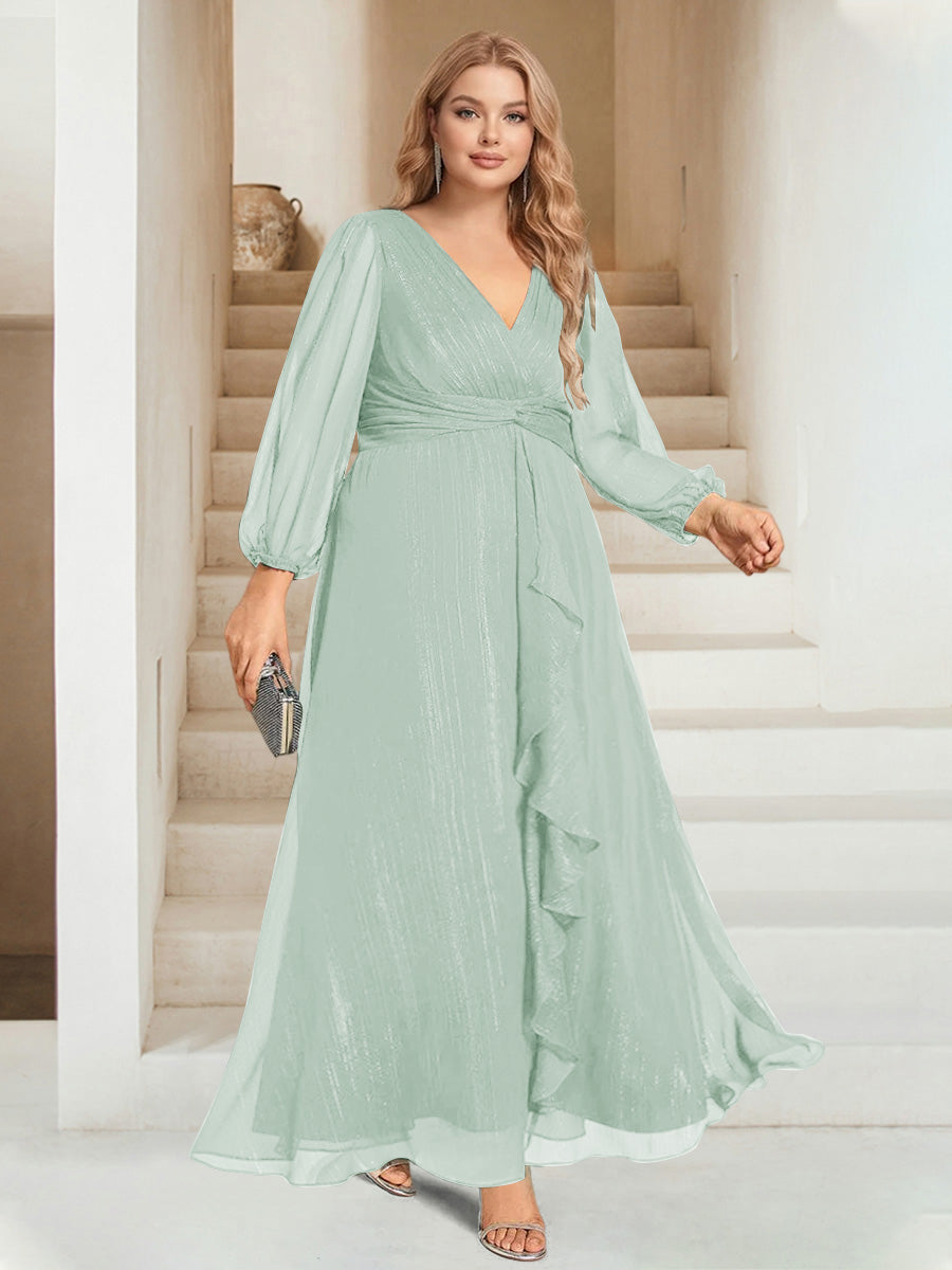 A-Line/Princess V-Neck Ankle-Length Long Sleeves Plus Size Bridesmaid Dresses