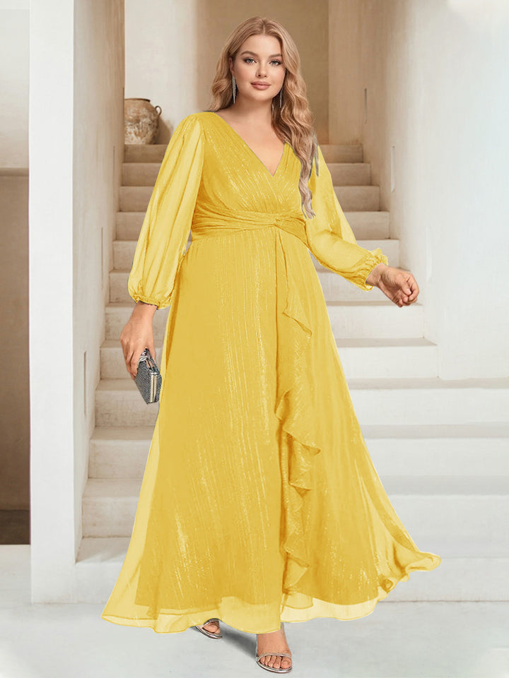 A-Line/Princess V-Neck Ankle-Length Long Sleeves Plus Size Bridesmaid Dresses