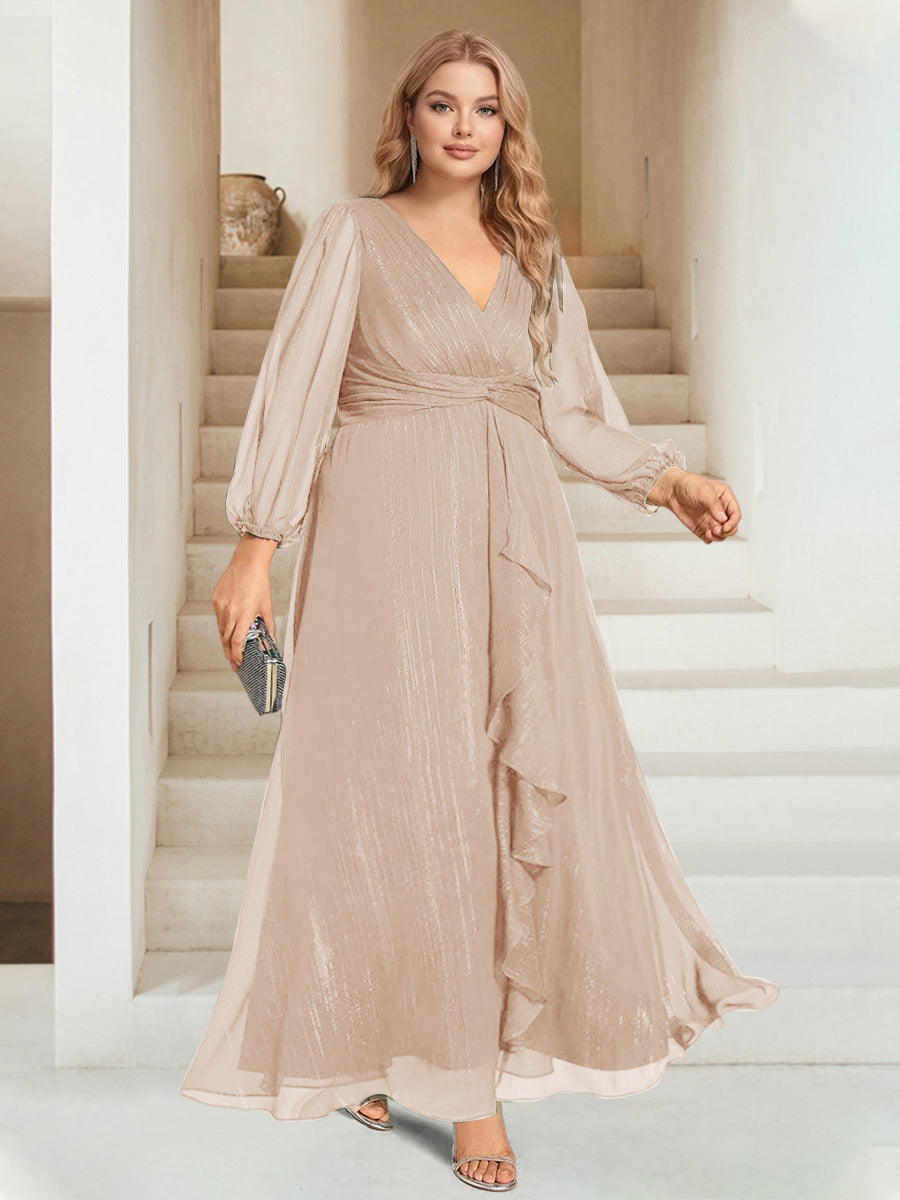 A-Line/Princess V-Neck Ankle-Length Long Sleeves Plus Size Bridesmaid Dresses