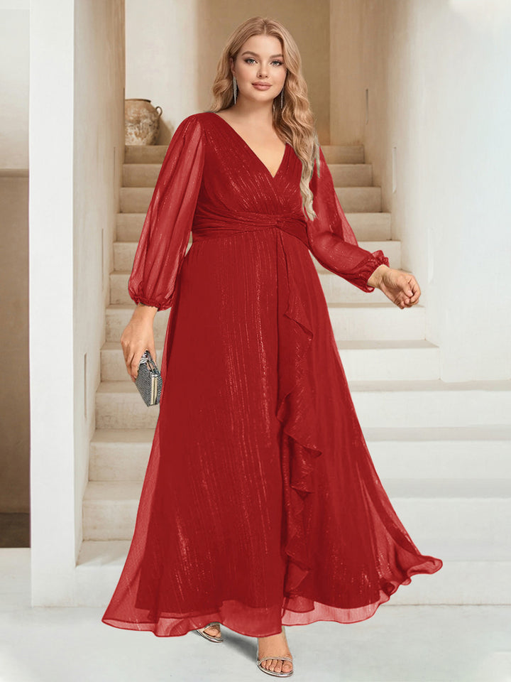 A-Line/Princess V-Neck Ankle-Length Long Sleeves Plus Size Bridesmaid Dresses