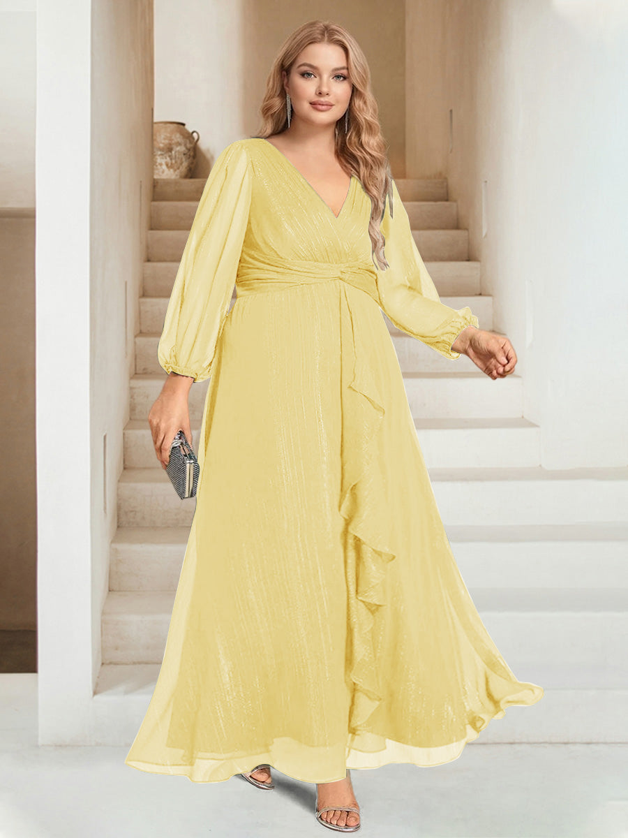 A-Line/Princess V-Neck Ankle-Length Long Sleeves Plus Size Bridesmaid Dresses