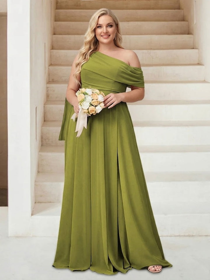 A-Line/Princess One-Shoulder Floor-Length Sleeveless Plus Size Bridesmaid Dresses