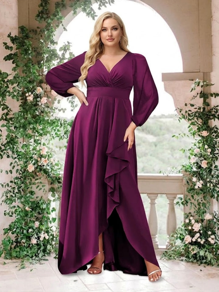 A-Line/Princess V-Neck Long Sleeves Chiffon Ruched Asymmetrical Plus Size Bridesmaid Dresses with Pockets