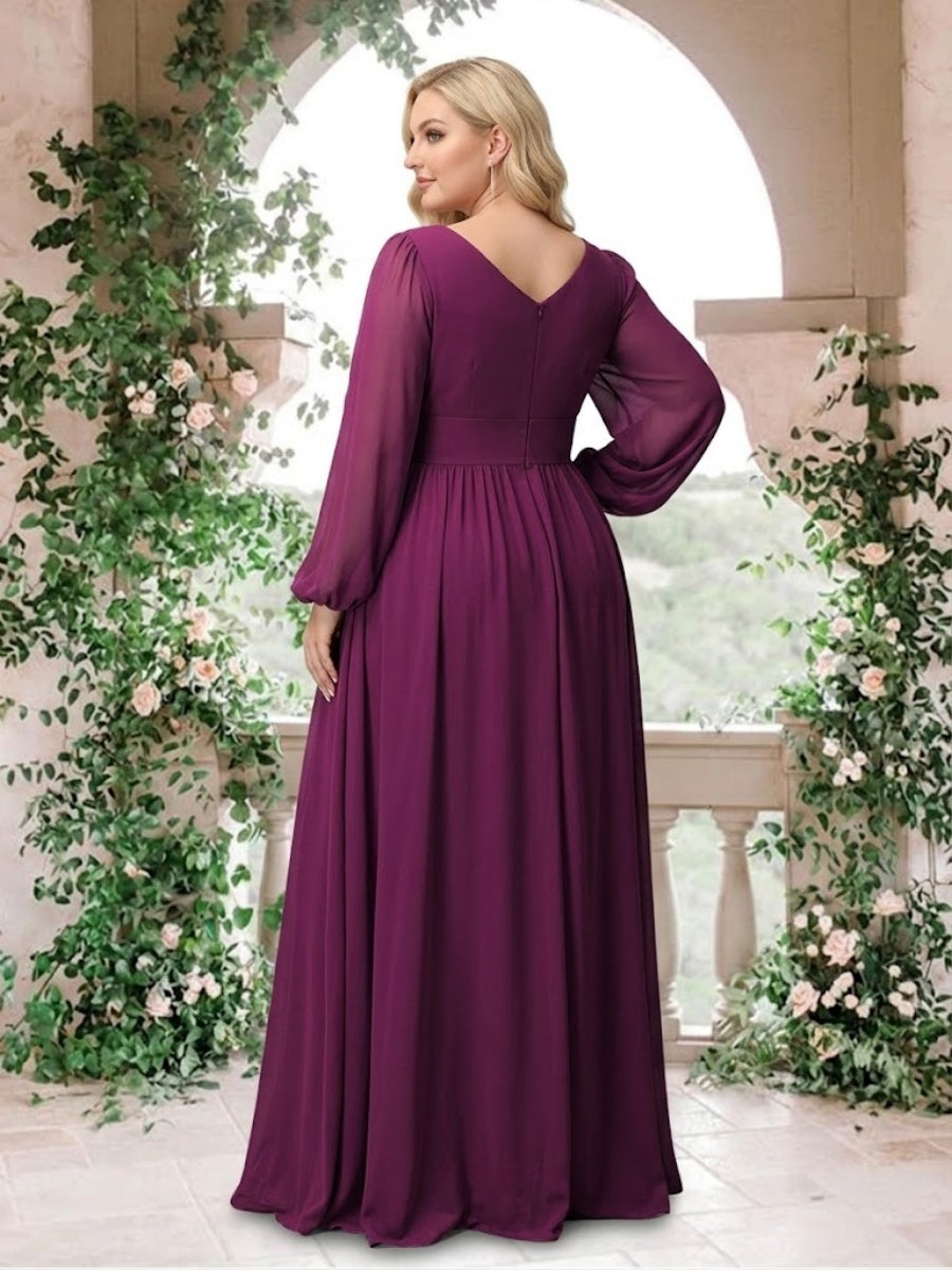 A-Line/Princess V-Neck Long Sleeves Chiffon Ruched Asymmetrical Plus Size Bridesmaid Dresses with Pockets