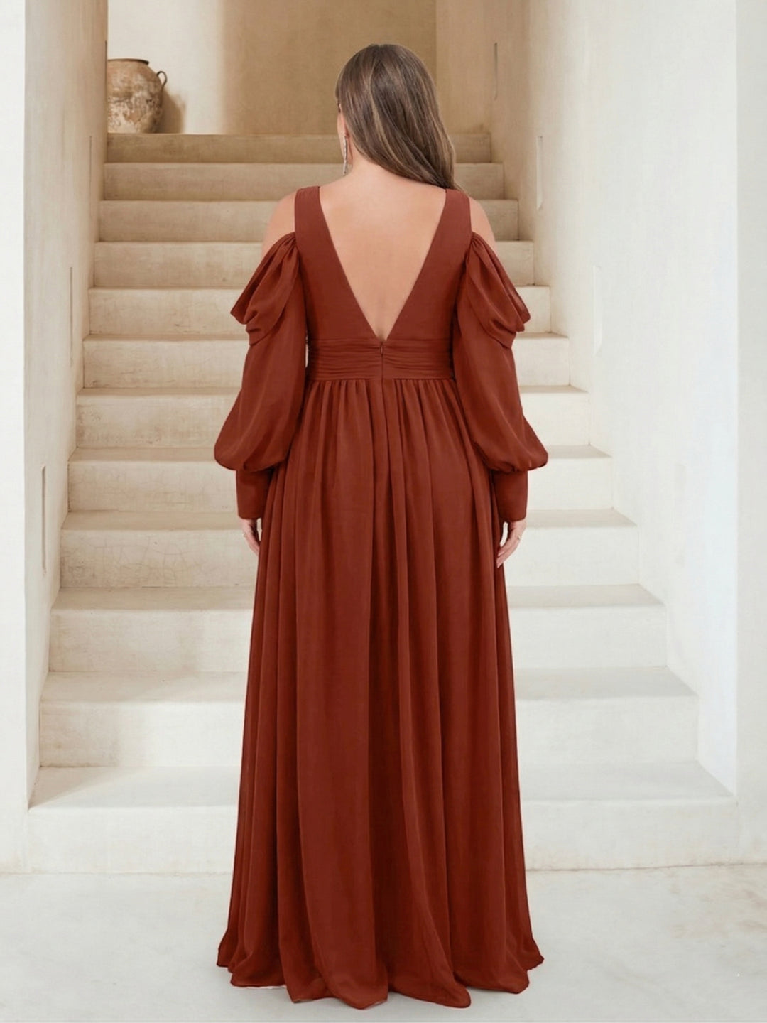 A-Line V-Neck Long Sleeves Plus Size Bridesmaid Dresses with Split