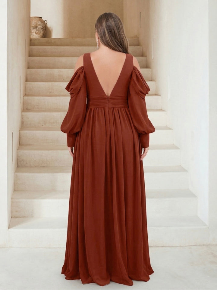 A-Line V-Neck Long Sleeves Plus Size Bridesmaid Dresses with Split
