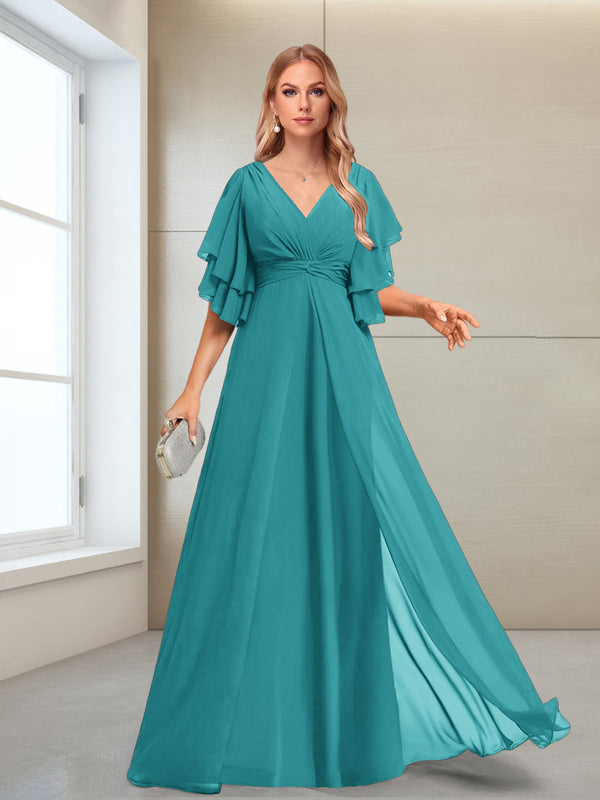 A-Line/Princess V-Neck Floor-Length Half Sleeves Mother of the Bride Dresses