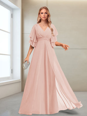 A-Line/Princess V-Neck Floor-Length Half Sleeves Mother of the Bride Dresses