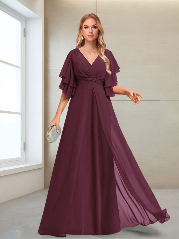 A-Line/Princess V-Neck Floor-Length Half Sleeves Mother of the Bride Dresses