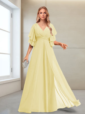 A-Line/Princess V-Neck Floor-Length Half Sleeves Mother of the Bride Dresses