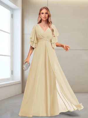 A-Line/Princess V-Neck Floor-Length Half Sleeves Mother of the Bride Dresses