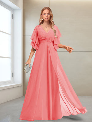 A-Line/Princess V-Neck Floor-Length Half Sleeves Mother of the Bride Dresses