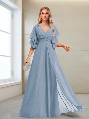 A-Line/Princess V-Neck Floor-Length Half Sleeves Mother of the Bride Dresses