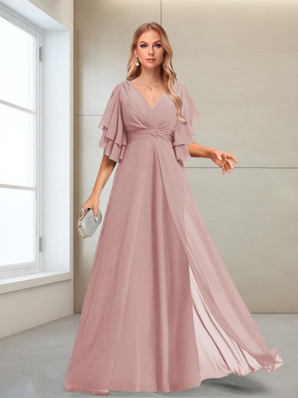 A-Line/Princess V-Neck Floor-Length Half Sleeves Mother of the Bride Dresses