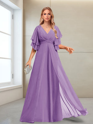 A-Line/Princess V-Neck Floor-Length Half Sleeves Mother of the Bride Dresses