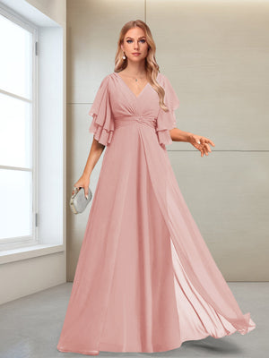 A-Line/Princess V-Neck Floor-Length Half Sleeves Mother of the Bride Dresses