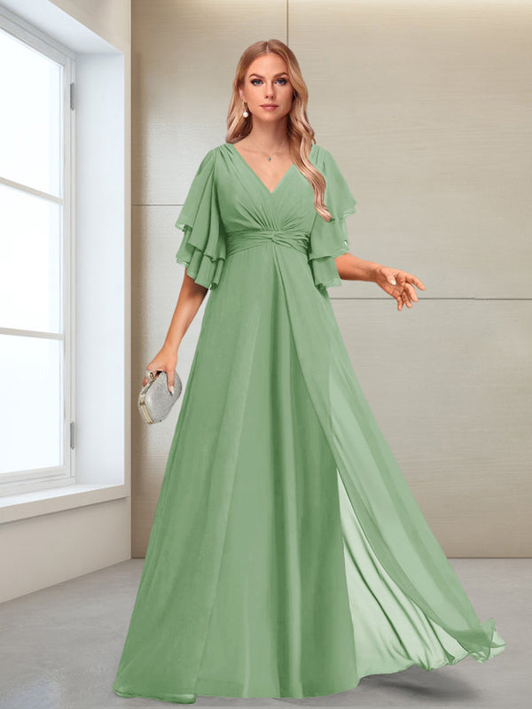 A-Line/Princess V-Neck Floor-Length Half Sleeves Mother of the Bride Dresses