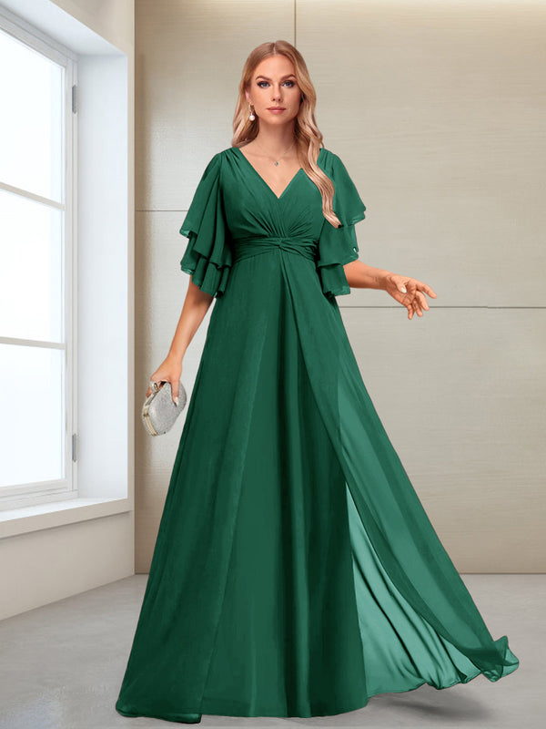 A-Line/Princess V-Neck Floor-Length Half Sleeves Mother of the Bride Dresses