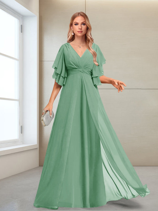 A-Line/Princess V-Neck Floor-Length Half Sleeves Mother of the Bride Dresses