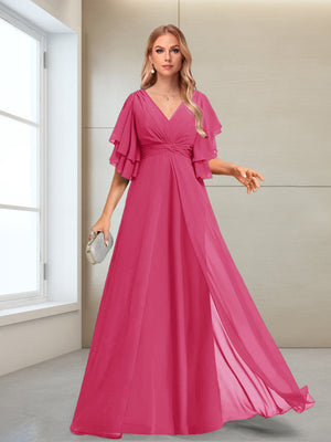 A-Line/Princess V-Neck Floor-Length Half Sleeves Mother of the Bride Dresses