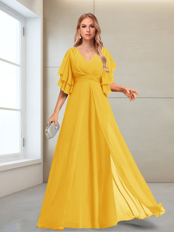 A-Line/Princess V-Neck Floor-Length Half Sleeves Mother of the Bride Dresses