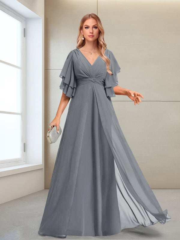 A-Line/Princess V-Neck Floor-Length Half Sleeves Mother of the Bride Dresses