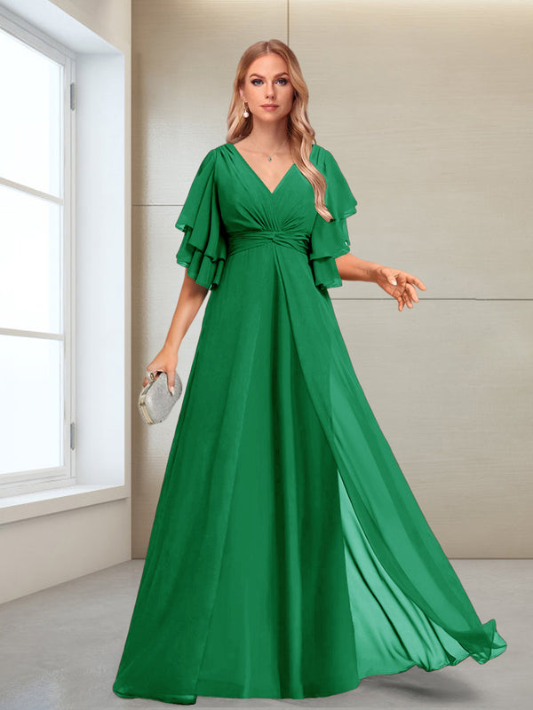 A-Line/Princess V-Neck Floor-Length Half Sleeves Mother of the Bride Dresses