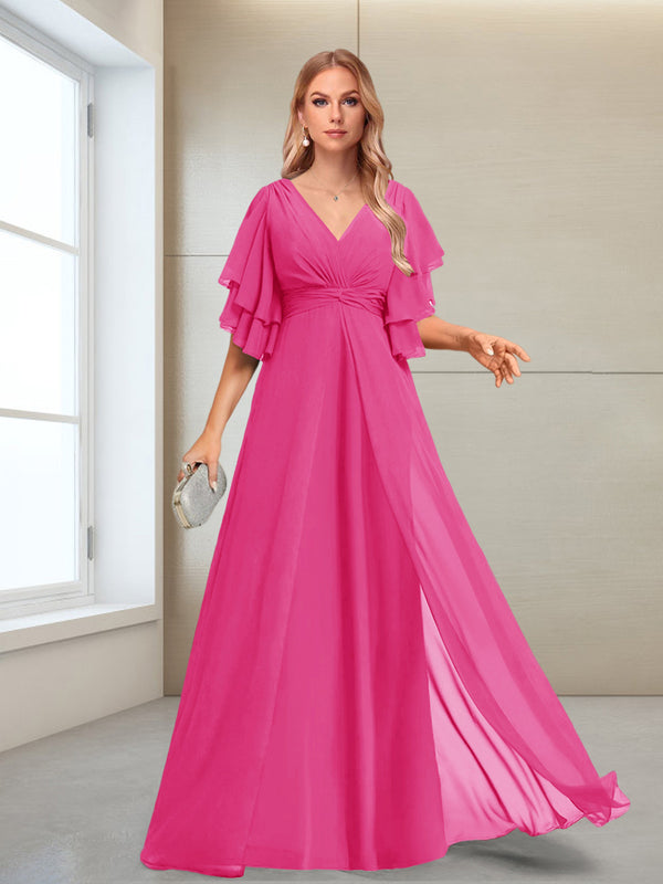 A-Line/Princess V-Neck Floor-Length Half Sleeves Mother of the Bride Dresses