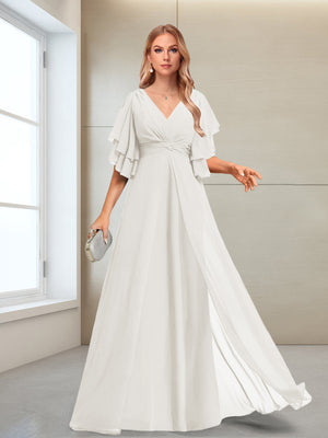 A-Line/Princess V-Neck Floor-Length Half Sleeves Mother of the Bride Dresses
