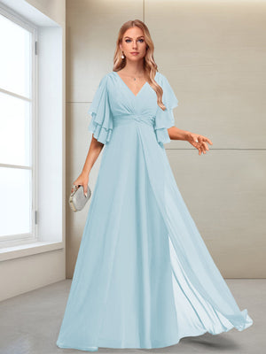 A-Line/Princess V-Neck Floor-Length Half Sleeves Mother of the Bride Dresses