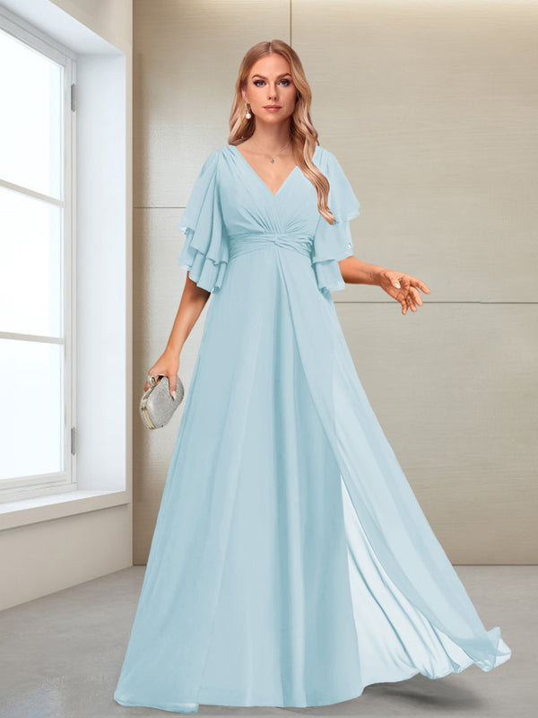 A-Line/Princess V-Neck Floor-Length Half Sleeves Mother of the Bride Dresses
