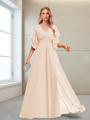 A-Line/Princess V-Neck Floor-Length Half Sleeves Mother of the Bride Dresses